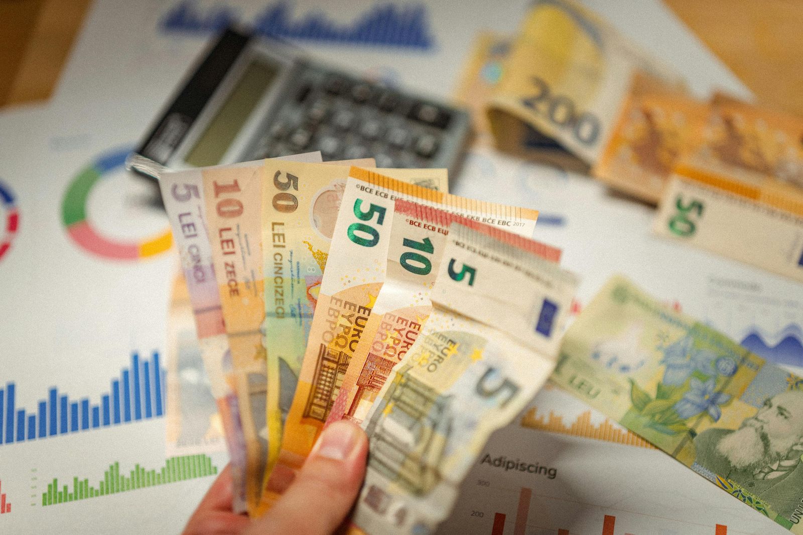Bancnote in lei si euro pe rapoarte financiare, imagine potrivita pentru credit de companie